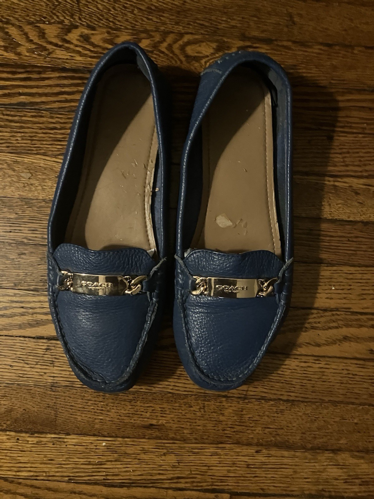 Coach Blue Leather Loafers featuring A Gold Tone Metal Buckle Detail Size 9