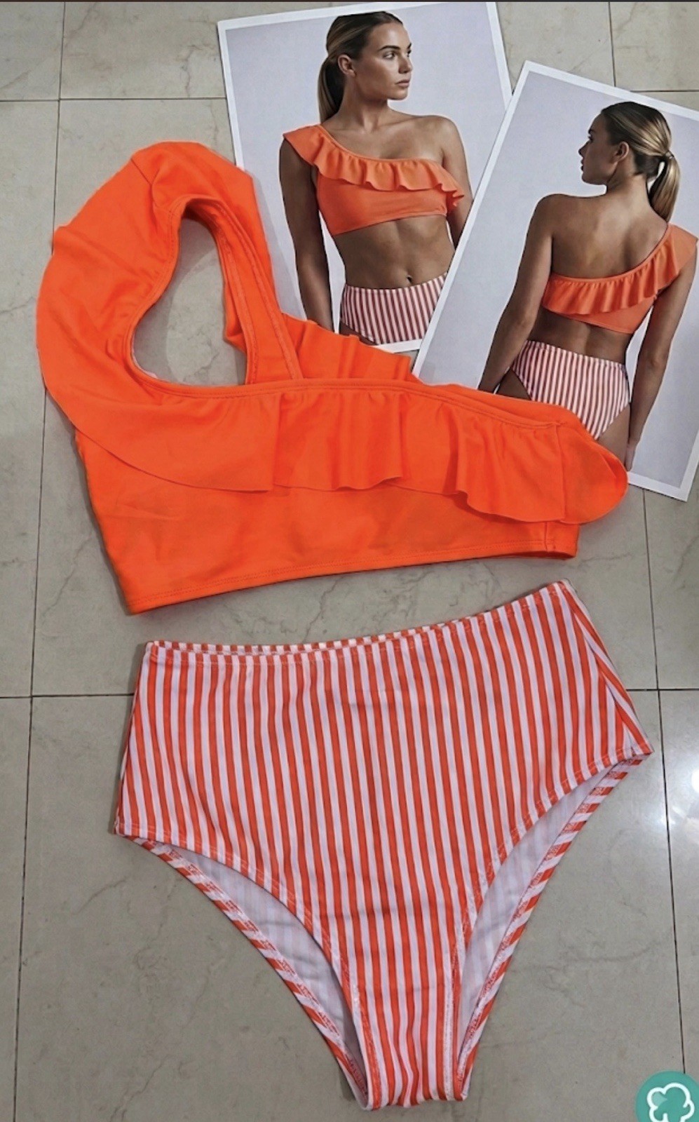 Bikini donna 2 pezzi monospalla a balze vita alta a righe S