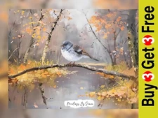 Serene Bird on Branch, Oil Painting Print 5"x7" on Matte Paper