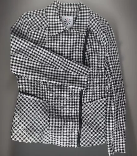 Isaac Mizrahi Jacket Coat Gingham Black and White Size 10 Asymmetric Zip Spring