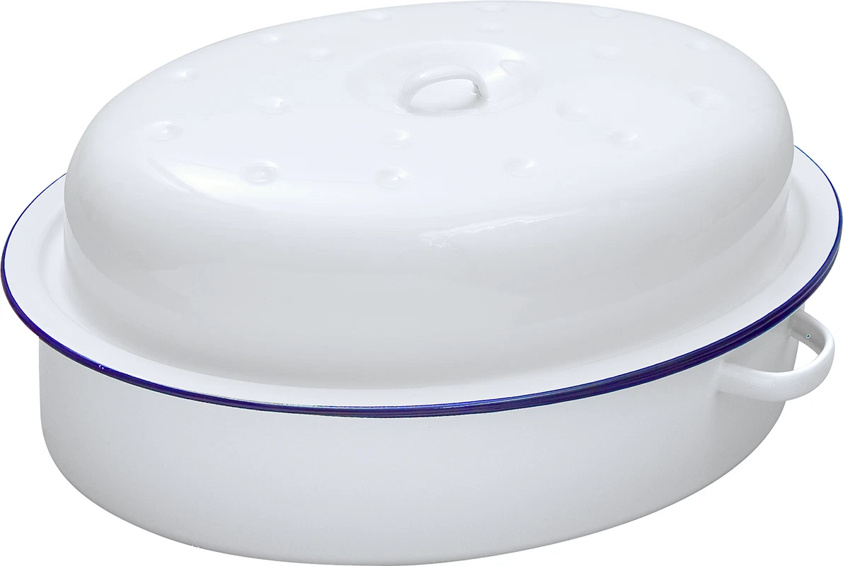 26 CM WHITE ENAMEL OVAL ROASTER DISH ROASTING OVEN CASSEROLE PAN TRAY WITH LID
