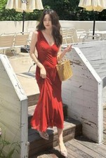 Women's Sexy Lady V Neck Sleeveless slim fit Long Floral Red Dress banquet Summe