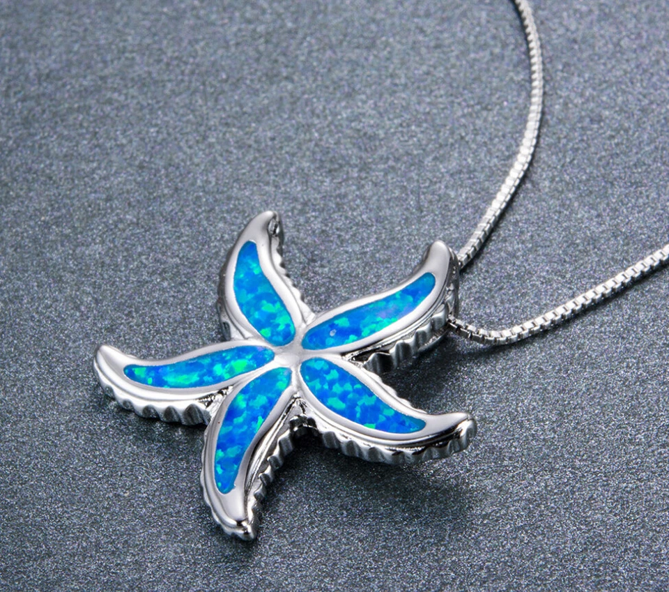 E08 Seestern Krafttier Schamane Opal blau versilbert Anhänger und Kette - Bild 2 von 4