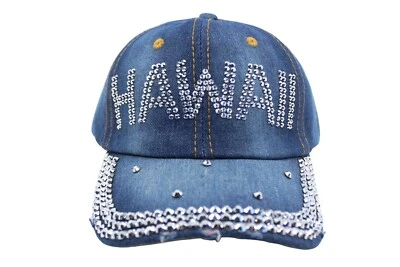 Hawaii Distressed Denim with Rhinestone Hat - Bling Bling, Adjustable Cap - Image 1 of 4