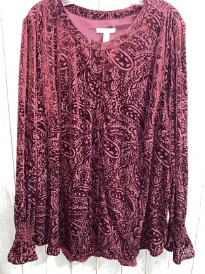 Isaac Mizrahi Live! Burnout Velvet Button Front Shirt Spiced Wine 28W Plus NWOT