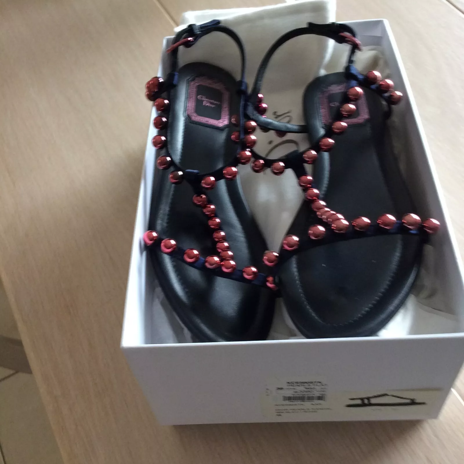 Sandales plates DIOR Dior perles bleues satin sangle en T taille 39