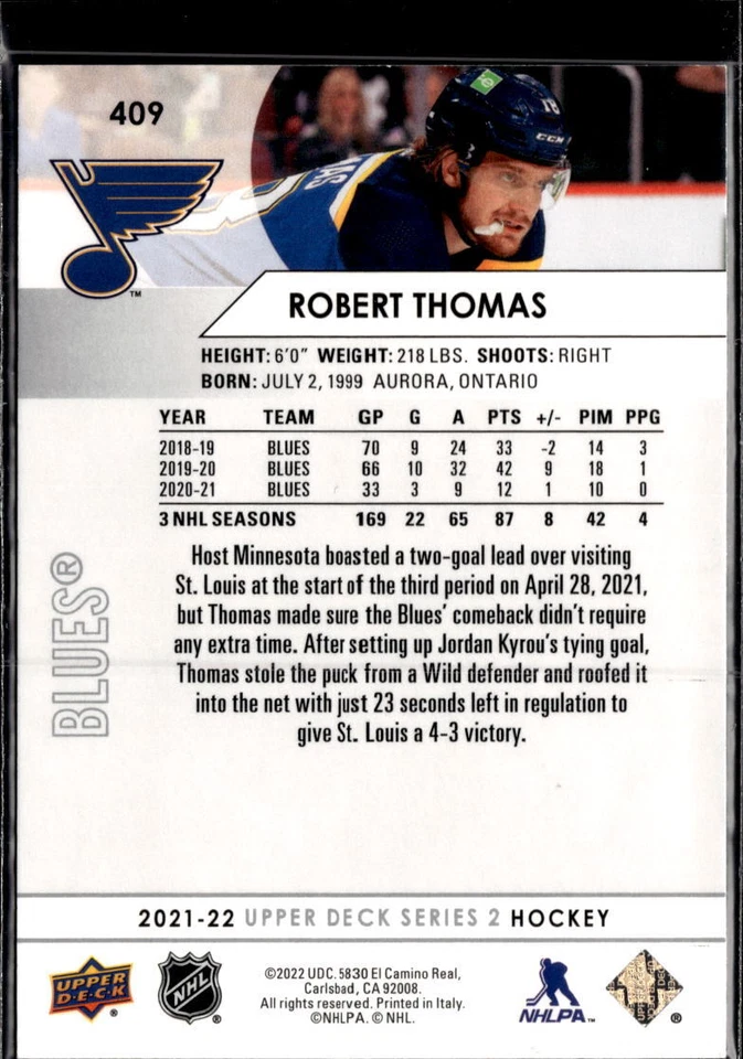2021-22 Upper Deck #409 Robert Thomas - Image 2 of 2