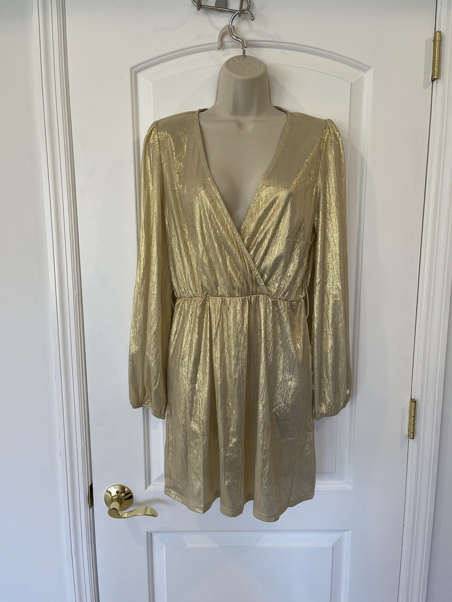 Yoins Shiny Gold Size M Long Sleeve Mini Dress Party Cocktail Vneck | eBay