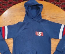 VINTAGE XS Faded Navy Blue 1970s Hoodie Sweatshirt Printed USA Logo