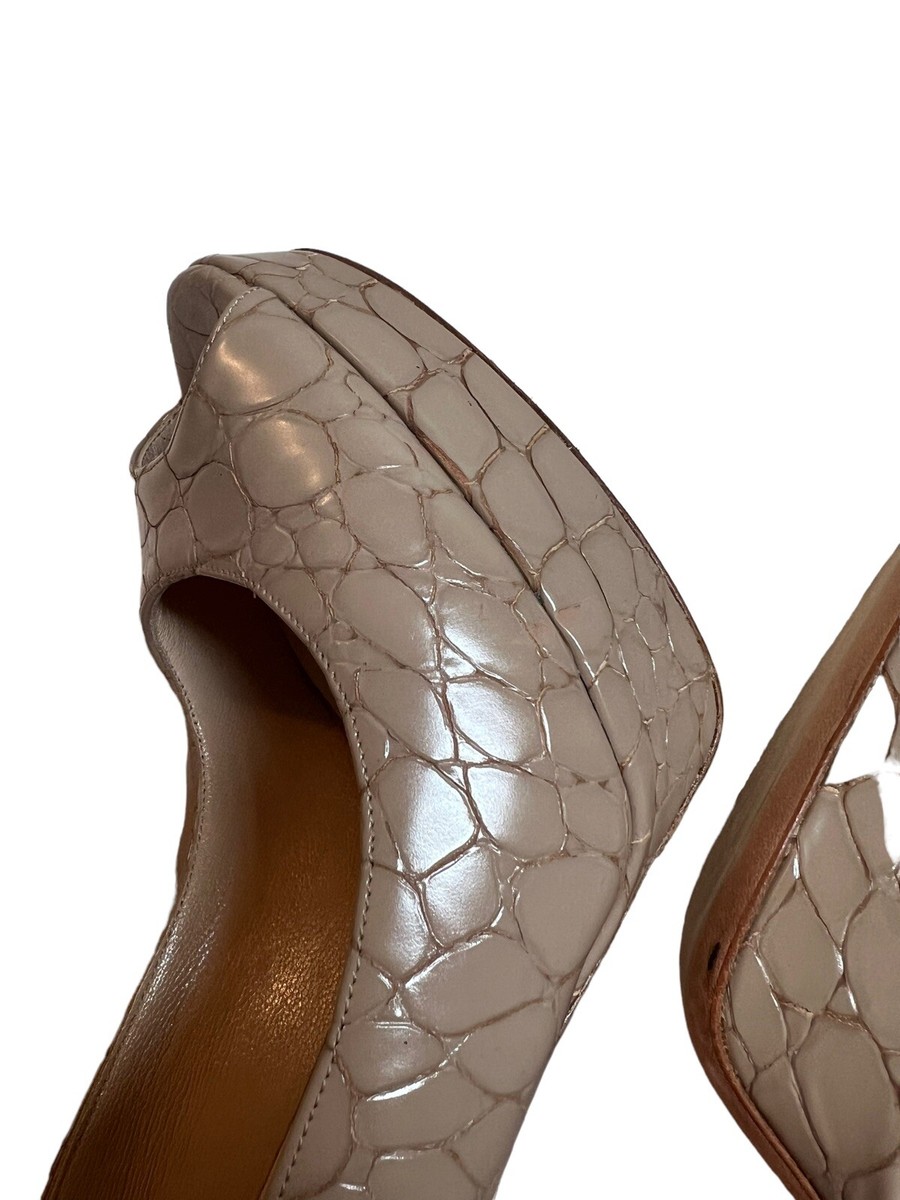 JIMMY CHOO Heels SHIES Croc Embossed Peep Toe Beige Platform