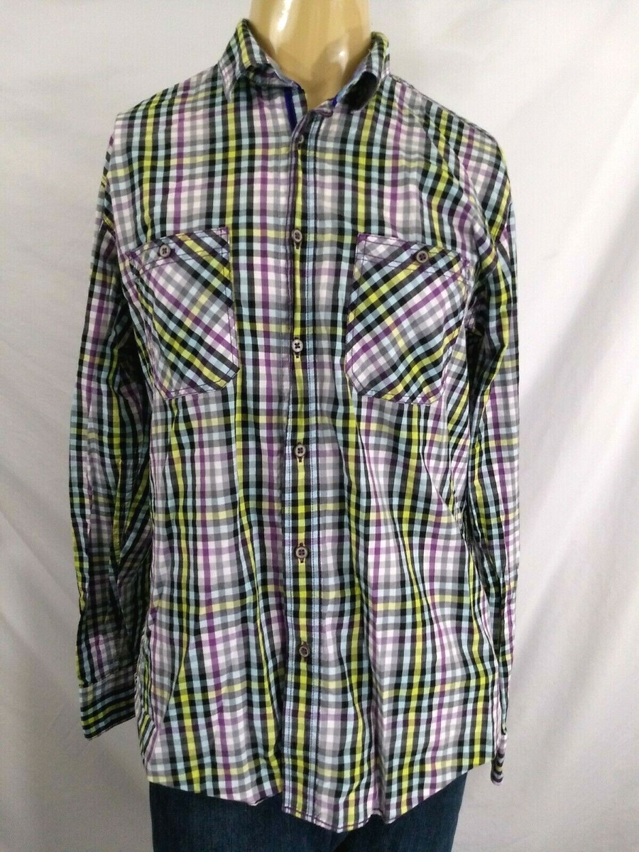 BUGATCHI Shaped Fit Casual LS Shirt Mens Large Colorful Checked