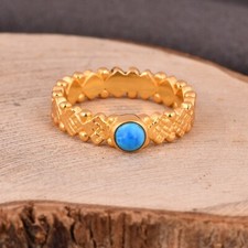 Handmade Textured Gold Plated Band Ring For Gift With Natural Turquoise Cultured