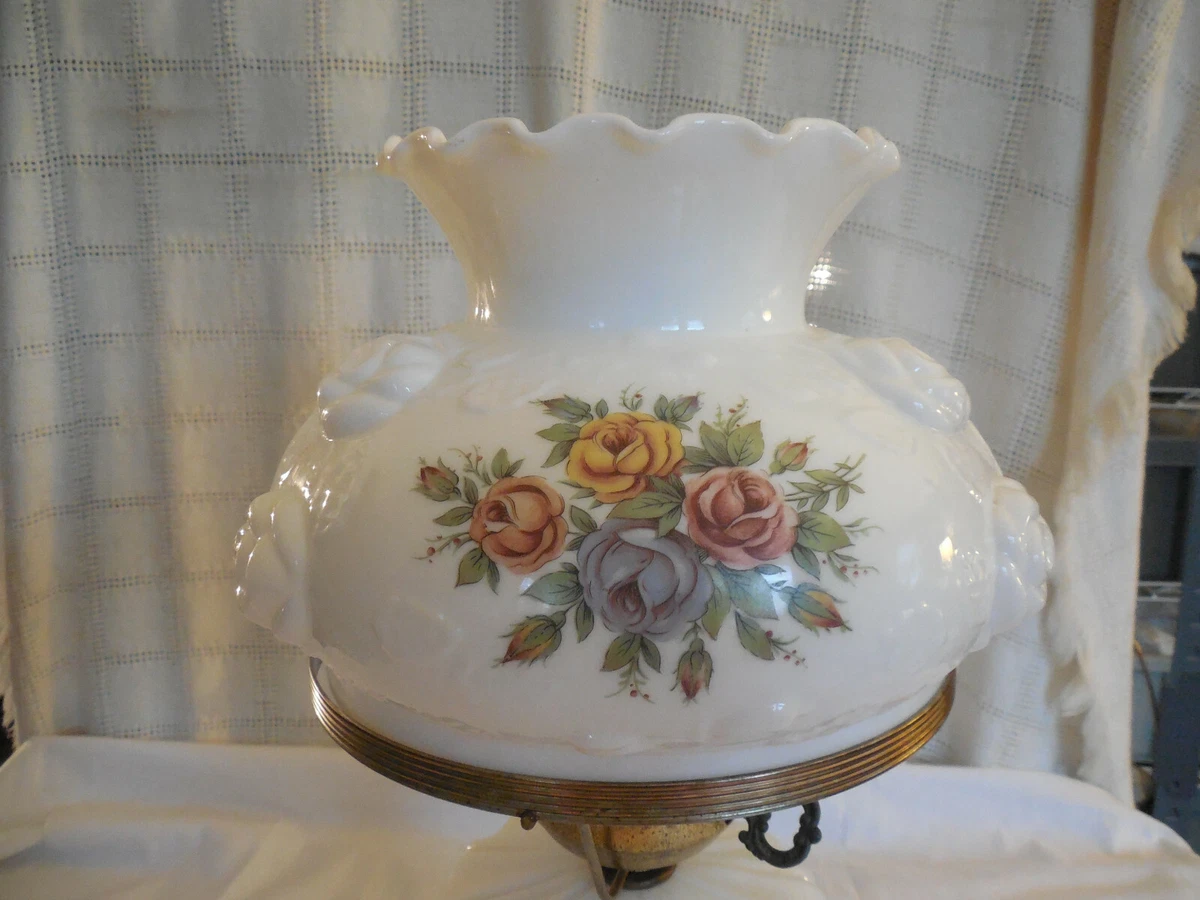 Vintage milk glass hurricane lamp rose design double light
