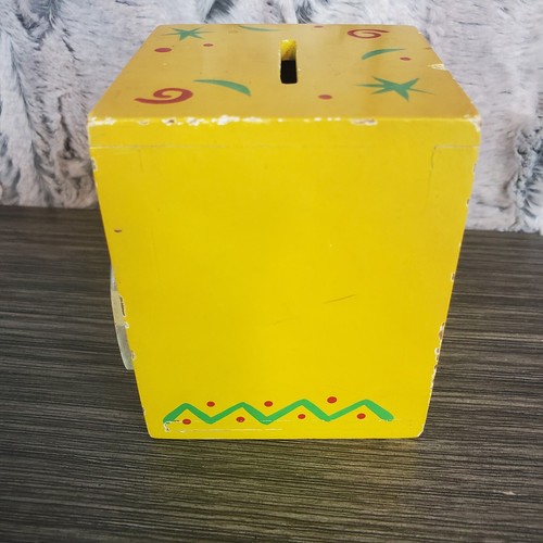 Vtg Pao Pao Land Wooden Cube Cow Coin Bank - Yellow Kitschy Rustic Unique Decor - Picture 2 of 8