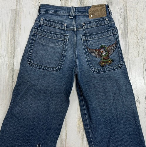 Vtg JNCO jeans wide leg snake eagle embroidered mexico boys 10 Y2K Thrashed - Picture 2 of 11