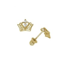 14k Yellow Gold CZ Crown Baby Screw Back Stud Earrings