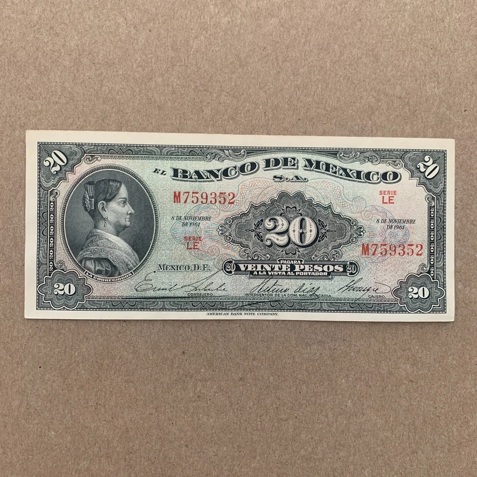 1961 Mexican 20 Pesos Banco de Mexico Currency Paper Money American Banknote Co. - Image 2 of 4