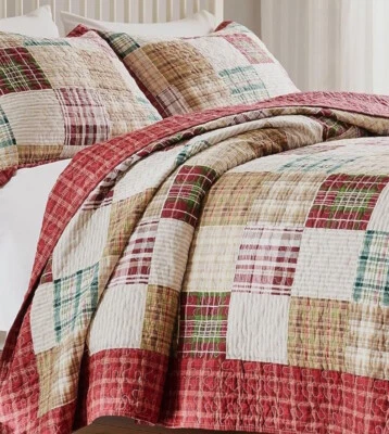 GREENLAND COUNTRY RED PLAID QUILT SET : FARMHOUSE OXFORD STRIPE GREEN MADRAS CHRISTMAS