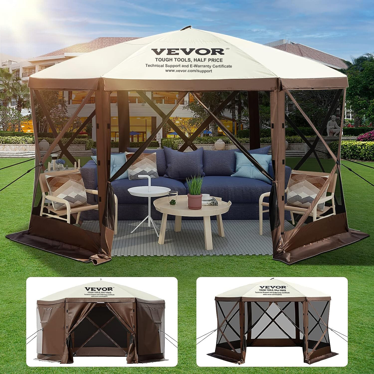 VEVOR Carpa Toldo Refugio Solar Camping Gazebo Pop-up 6 Lados 3,05 x 3,05 m