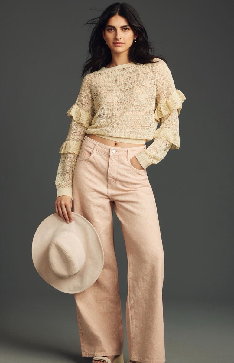 Anthropologie Sweater Women Ivory Sheer Open-Stitch Ruffle