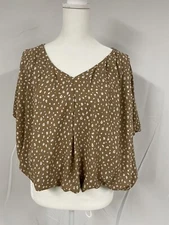 Pleione Top Blouson Top Women Size M Beige Print V Neck Short Sleeve Rayon