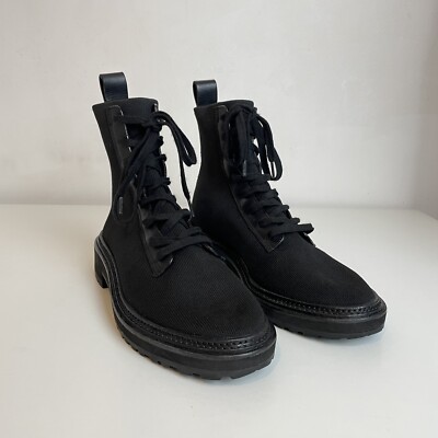Loeffler Randall Brady Black Combat Boots Flat Stretch Knit Leather Ankle  UK UK