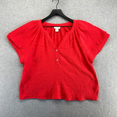 Cynthia Rowley Blouse Womens Size 1X Orange Red Short Sleeve V Neck Gauze