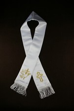 White Satin Embroidered Cross  Dove in Gold or Silver Stole Baptism Christening