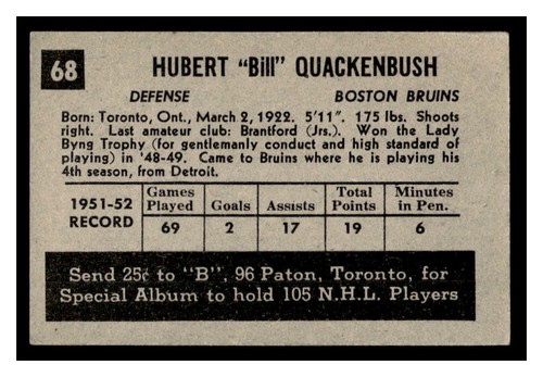 1952-53 Parkhurst HOCKEY #68 Bill Quackenbush HK3 - Bild 2 von 2
