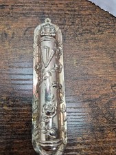Silver Hanging Door Mezuzah 4.75", Beautiful Monogram With Scroll