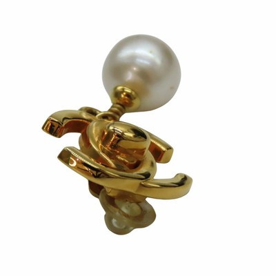 CHANEL Coco Mark Pearl Earrings Gold Color CC Logo motif White Ladies Women's