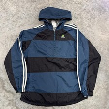 Vintage Adidas Jacket Mens Large Blue Black Hooded Windbreaker Pullover 90s
