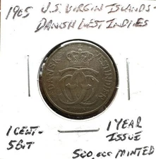 1905 Danish West Indies Virgin Islands 1 Cent/5 Bit Copper Coin, 500,000 Minted