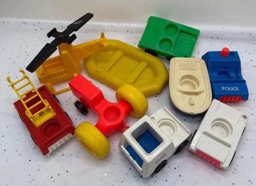 Vtg Fisher Price Little People Assort Vehicles Helicopter Fire Police Boat Raft