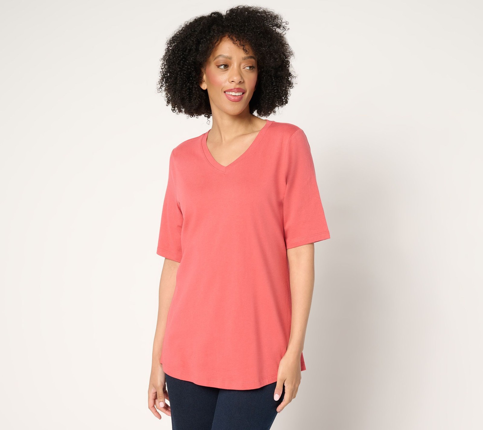 Denim & Co. Women's Top Sz M Essentials True Cotton Jersey V-Neck Pink A633277