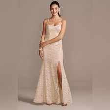 David's Bridal Corded Metallic Lace Cross Back Mermaid Gown Lace Maxi Dress sz 6