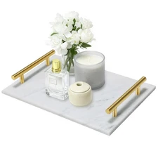 Marble Stone Decorative Perfume Tray with Copper Color Metal Handles, Handmad...