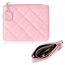Pink Rhombus PU Leather Small Zipper Coin Purse Mini Change Pouch Keyring