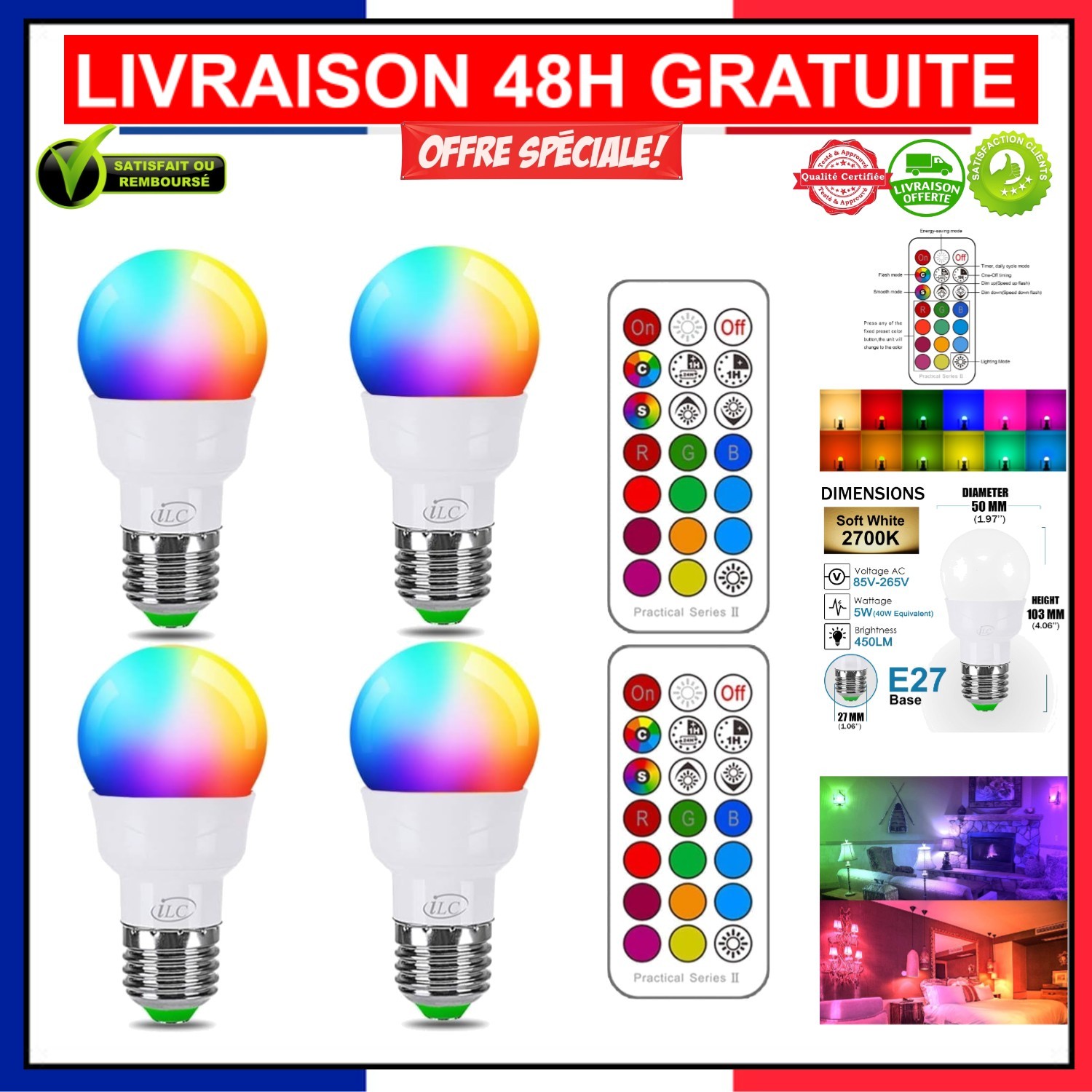 Ampoule LED RGB iLC anti fatigue oculaire avec télécommande réglable pack de 4
