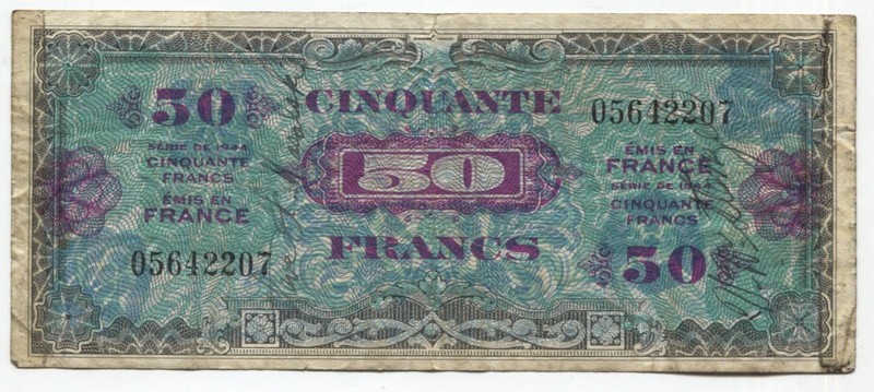 France 1944 Allied Military Currency 50 Francs Short Snorter  See Scans