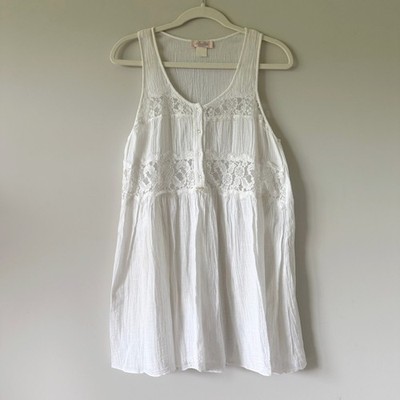 Amelia's Vintage White Sheer Gauze Lace Long Tank Top Babydoll Boho Romantic