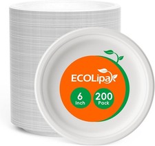 6 Inch Disposable Compostable Small Paper Plates, 200 Pack Recycled Sugarcane