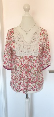 Blusenshirt Tunika K Zell weiß rot rosa grün Blumenmuster Häkelspitze Gr S evt M