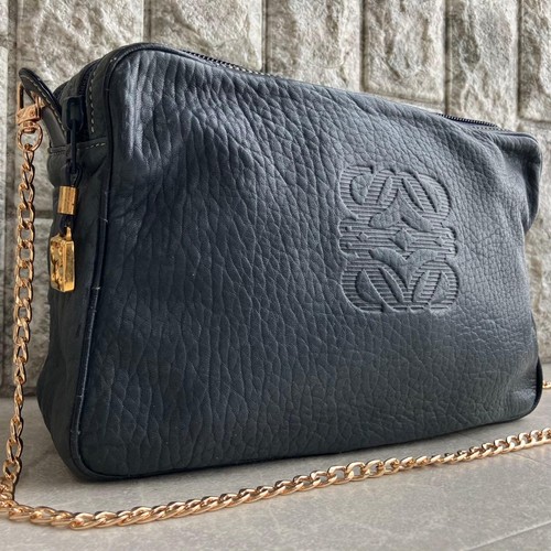 LOEWE Nappa Leather Shoulder Bag Navy Anagram Logo Rare Authentic 2-room Crossb