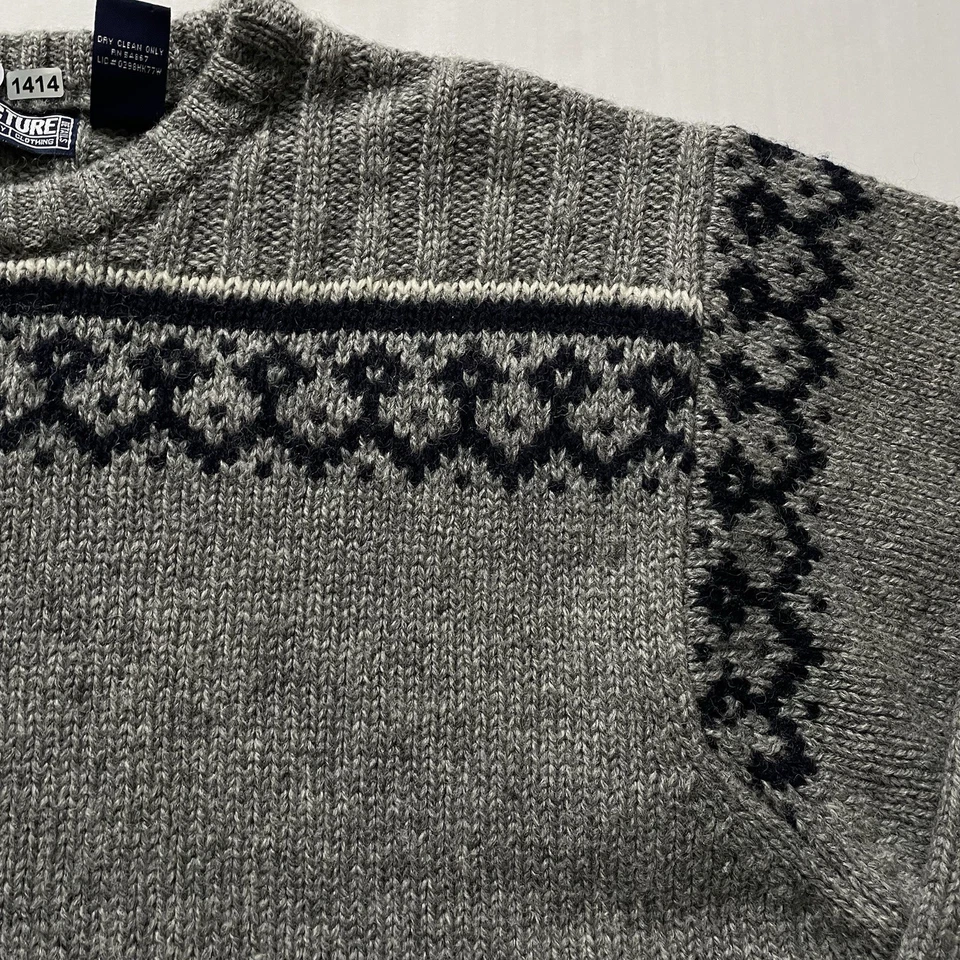 Vintage Structure Sweater Mens XL Gray Navy Blue 100% Shetland Wool Fair Isle - Image 2 of 4