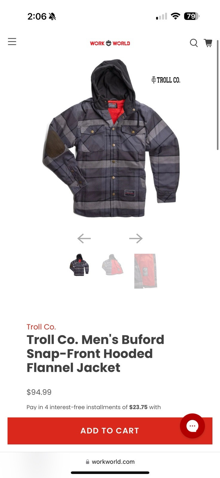 Troll Co Mens Buford Snap Front Hooded Flannel Jacket NWOT