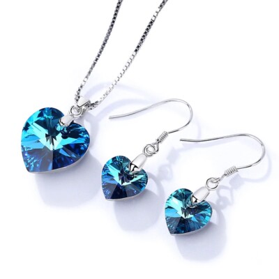 UK LAGER Sterlingsilber SWAROVSKI Elemente Kristall Herz 3 BILDER BERMUDA BLAU