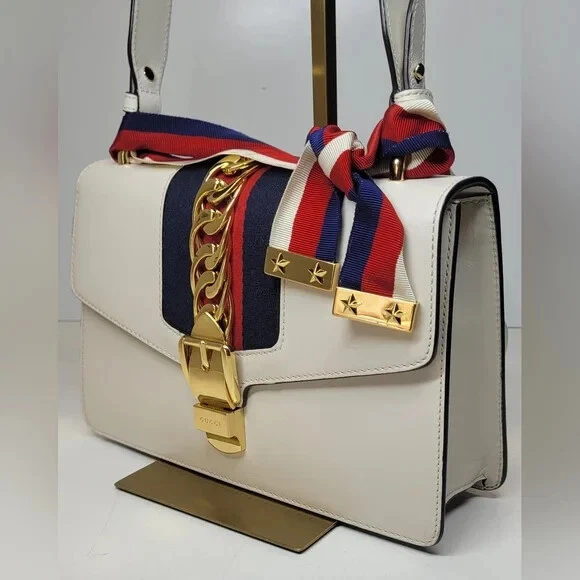 Gucci Sylvie 2 Way White Calfskin Leather Handbag
