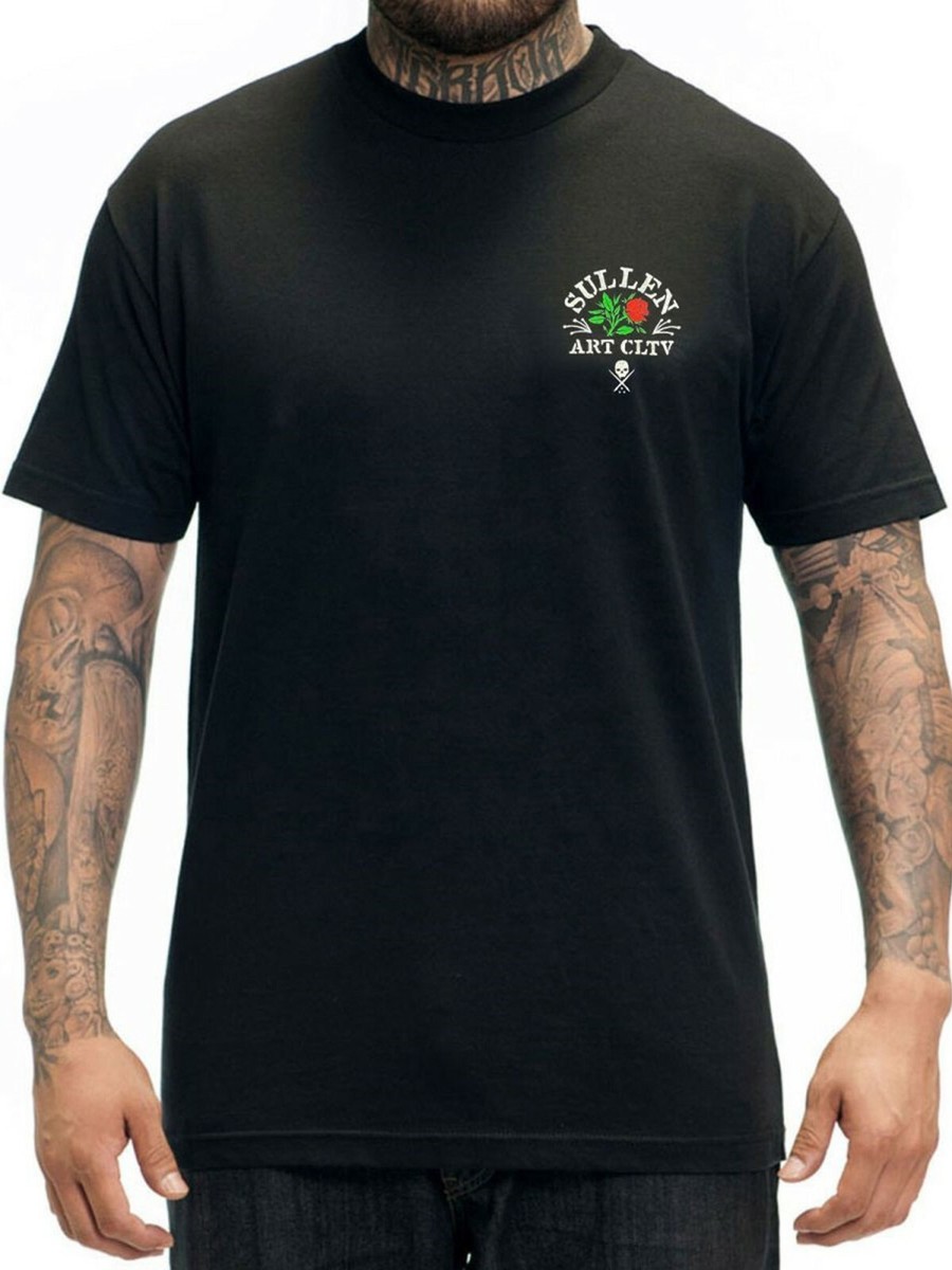 Ｓ ミッドナイト Sullen Men's Pushers Short Sleeve T-shirt Skull and Roses Tattoo