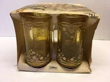 Set of 4 Vtg Libbey Glass Tumblers Glasses12oz Ambor Floral Made in USA 1980s